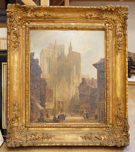 A 19th century, Continental school, ‘Rouen cathedral’, unsigned, oil on board, 51 x 40cm, ornate gilt frame